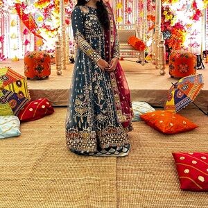 Qalamkar Sabrina Embellished Blue and Gold Lehenga